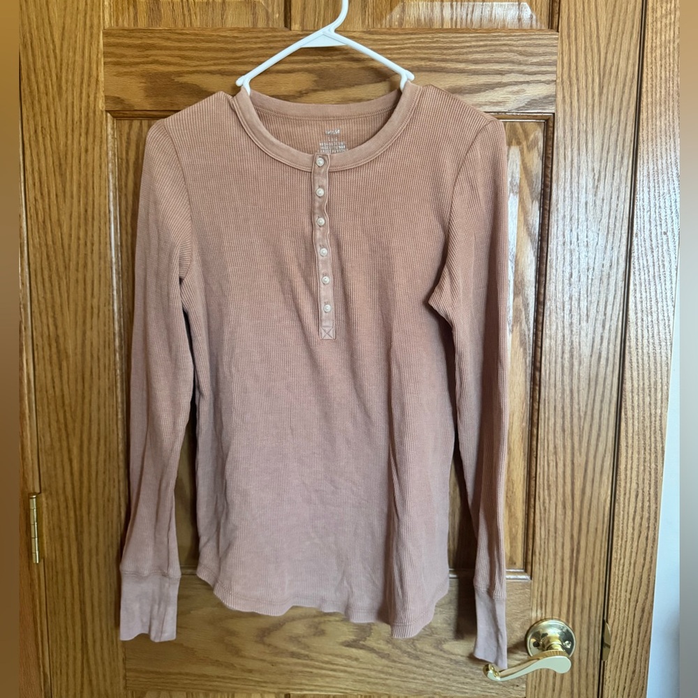 Aerie Waffle Henley Long Sleeve T-Shirt - Tan - Large